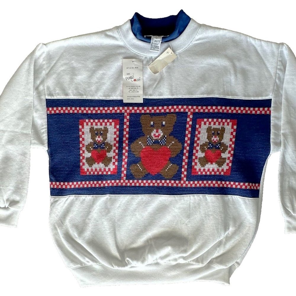 NWT Vintage 90s Pebble Court Womens L Sweatshirt w Knit Heart Teddy Bear Grandma